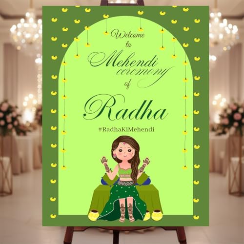 Party Perfect Designs Mehndi Welcome Board, Personalised Name & Date, Multiple Design & Colour Options, 3mm and 5mm Thickness (Mehndi Neon Green)