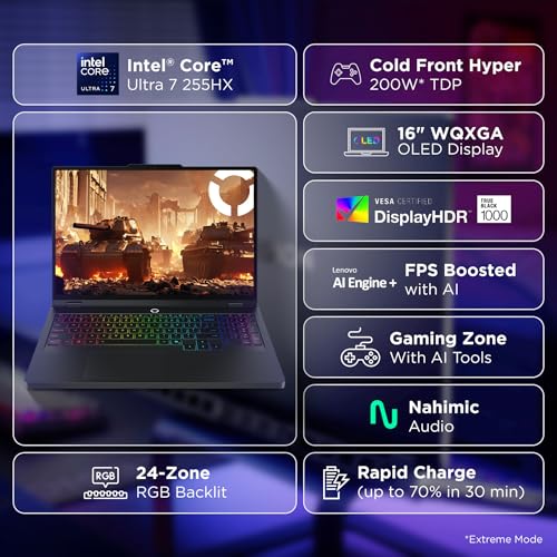 Lenovo Legion Pro 5 2025 Intel Core Ultra 7 255HX | NVIDIA RTX 5070 8GB (32GB RAM/1TB SSD/WQXGA OLED/165Hz/16 (40.6cm)/Windows 11/Office 2024+AI Now/Black/2.4Kg), 83F3009BIN AI Powered Gaming Laptop