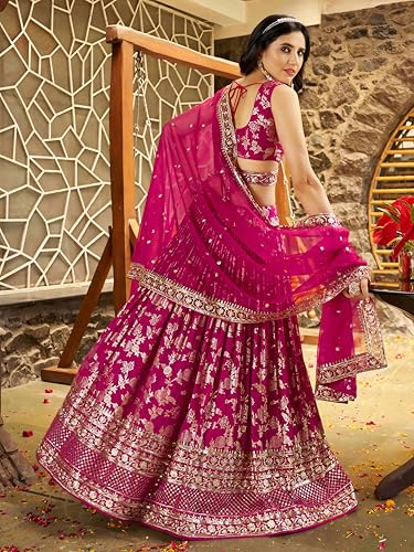 Zeel Clothing Women's Sequins Zari Embroidered Dola Silk Jacquard Lehenga Choli With Dupatta (7100-Women-Lehenga-Choli-Latest, Free size) (Rani Pink)
