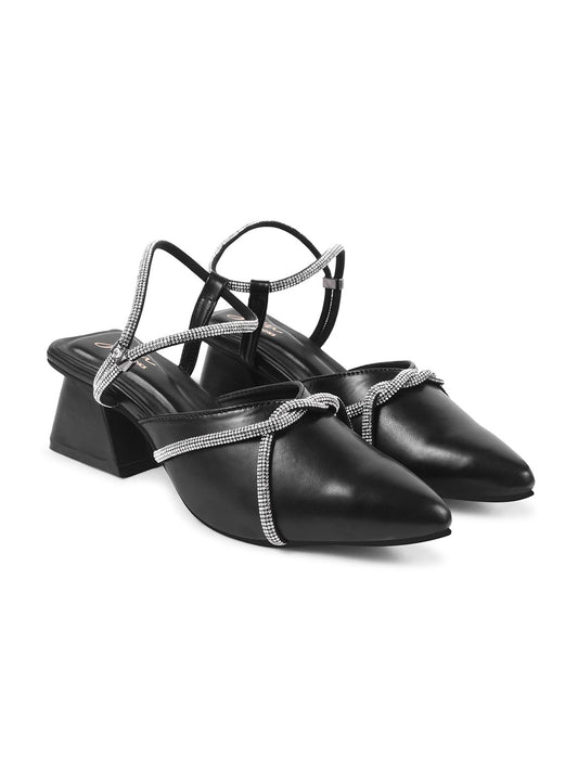 JM LOOKS Women's Block Heeled Sandal Low Heel Pointed Toe with Embellished Rhinestone Detail for Wedding Party Evening Prom - Black