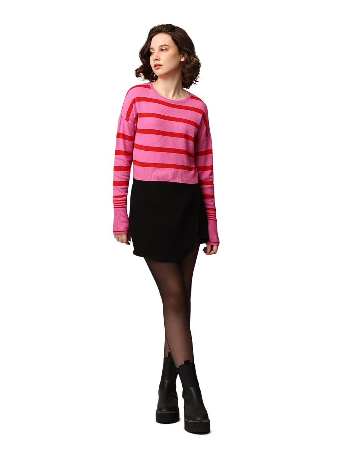 ONLY Women Striped Viscose Blend Pink Pullover Sweater