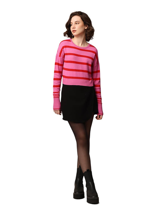 ONLY Women Striped Viscose Blend Pink Pullover Sweater