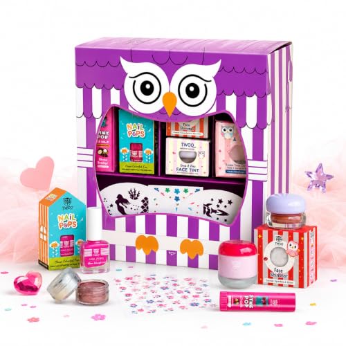 TWOO Kids Makeup Kit for Girls 3+ | Purple Owl Magic Box 8-Piece Washable Play Makeup Gift Set | Lip Balm, Lip Gloss, Nail Polish, Face Tint, Shimmer, Nail Stickers & Stencils | Birthday Gift