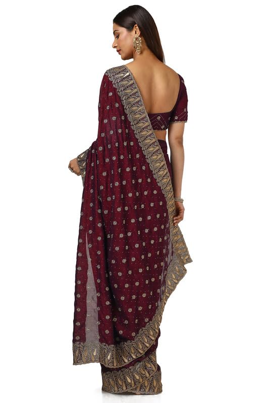 Soch Womens Maroon Tussar Embroidered Saree With Stone Work