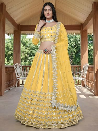 Zeel Clothing Women's Foil Embroidered Net Lehenga Choli With Dupatta (5029-Yellow-Women-Lehenga-Choli-Set, Free size)