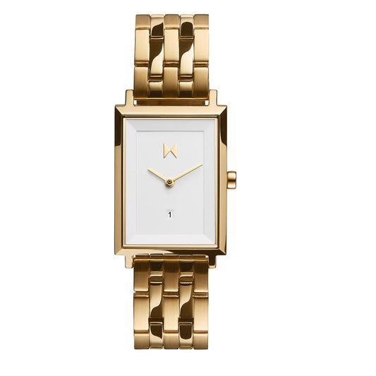 MVMT Signature Square Qtz Basic Calendar White Rectangle Dial Women's Analog Watch|Ionic Plated Gold Steel Material|Gold Color Band - Mf03-G