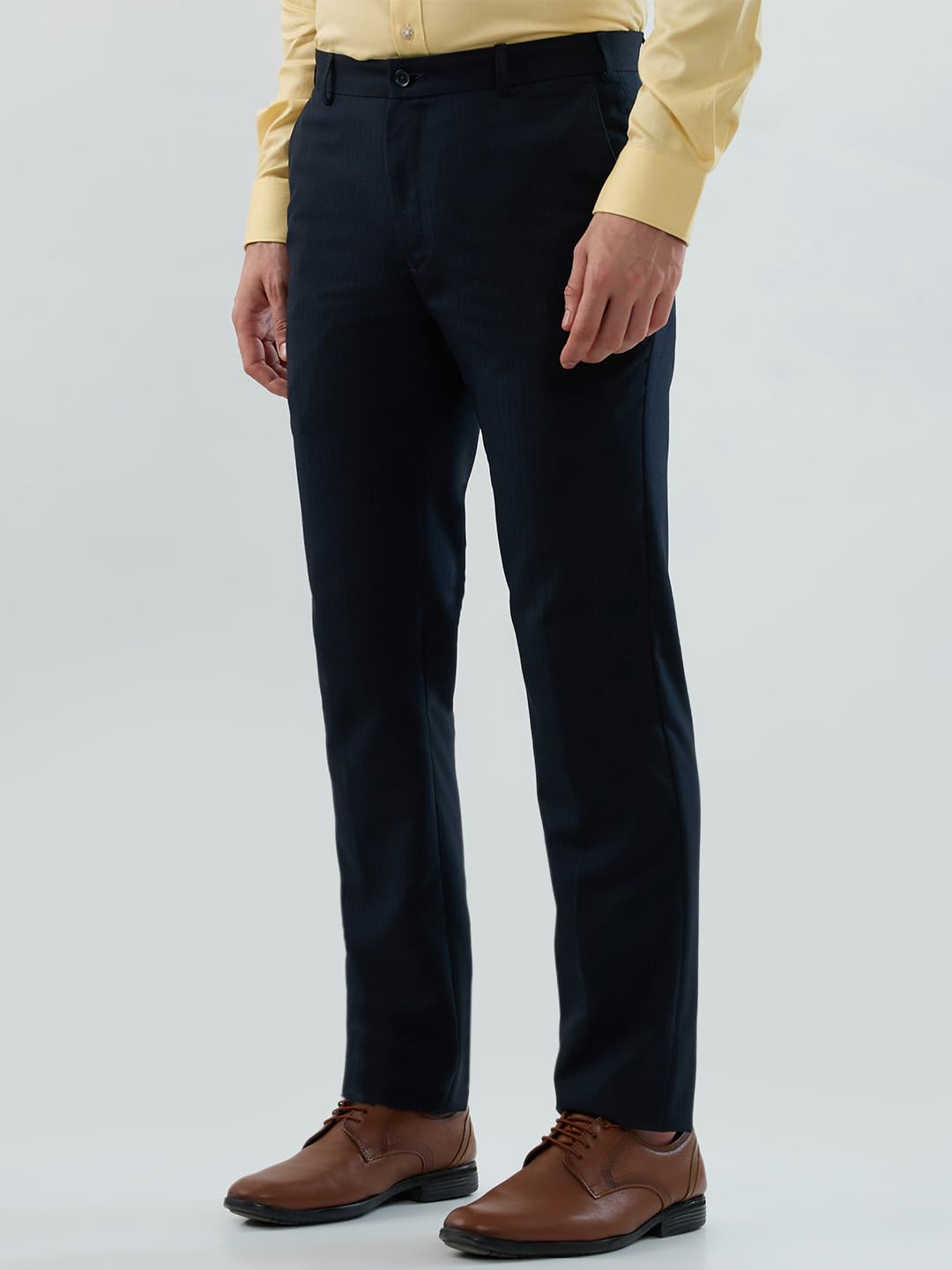 Raymond Men Slim Fit Stripe Pattern Polyester Blend Flat Front Formal Trouser Blue