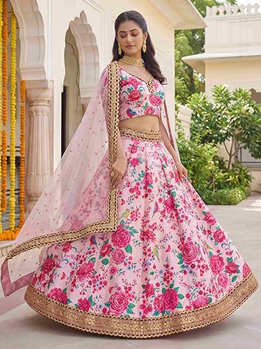 Zeel Clothing Women's Floral Print With Dori, Sequins and Stone Work Art Silk Lehenga Choli with Dupatta (7516-Light-Pink-Wedding-Women-Latest; Free Size)