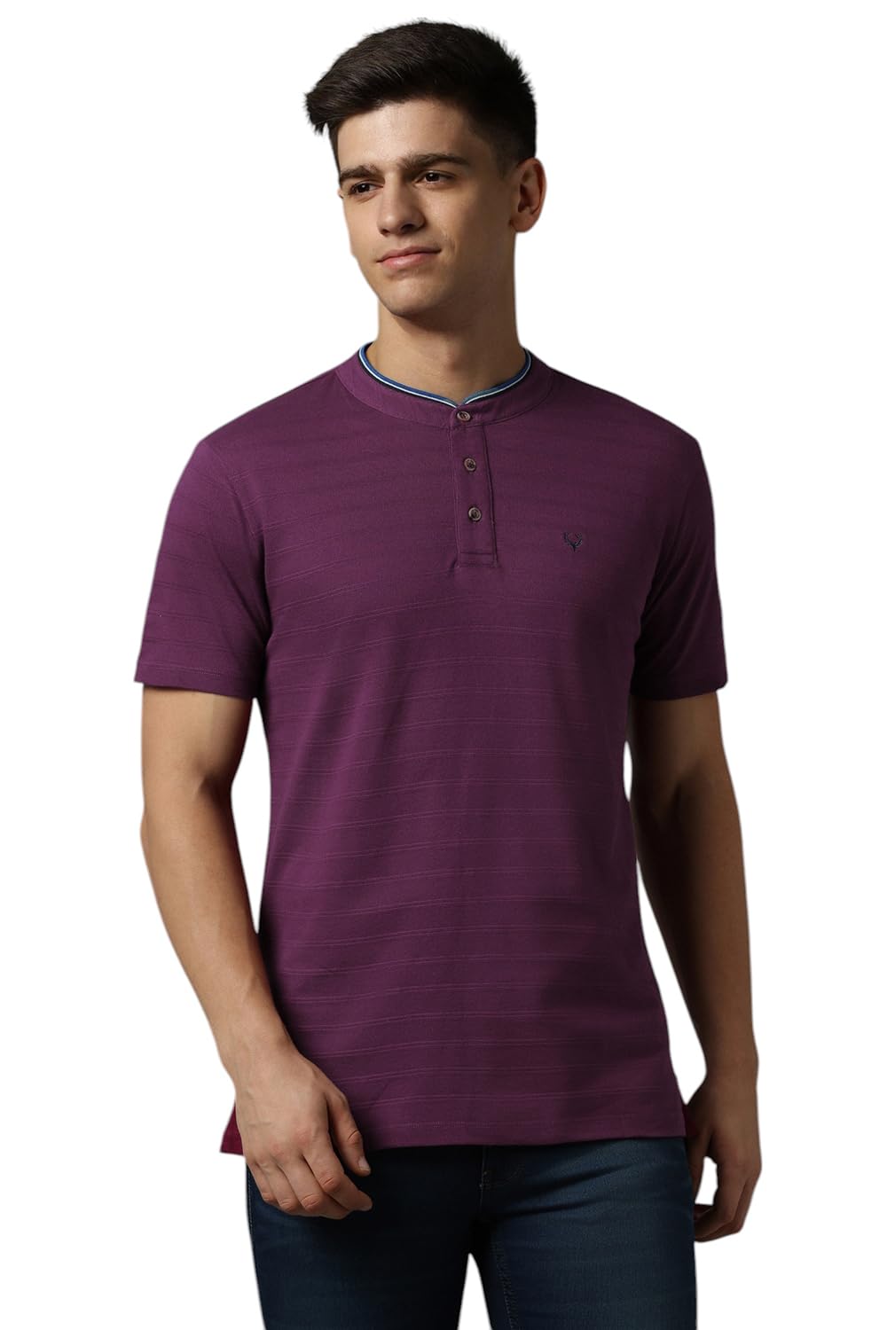 Men Pink Stripe Henley Neck T-Shirt