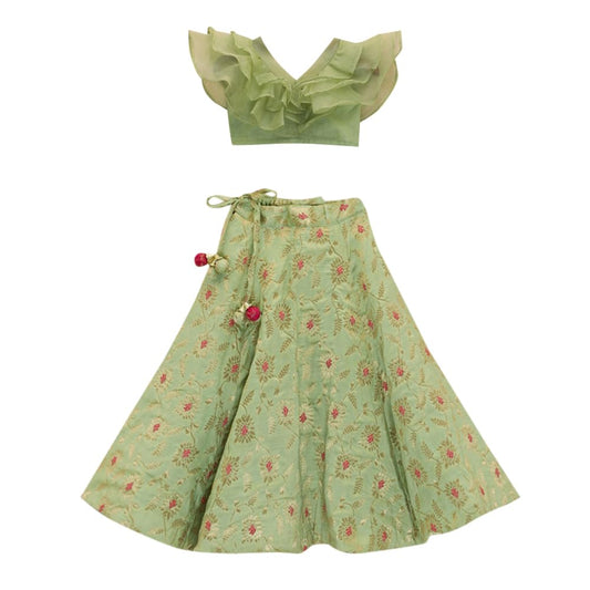 Hopscotch Girls Cotton Blend Ethnic Sets in Green Color For Ages (10-11 Years)