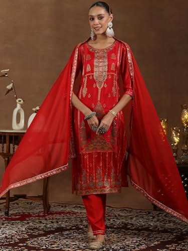 Libas Womens Woven Design Silk Blend Straight Kurta with Trousers and Dupatta