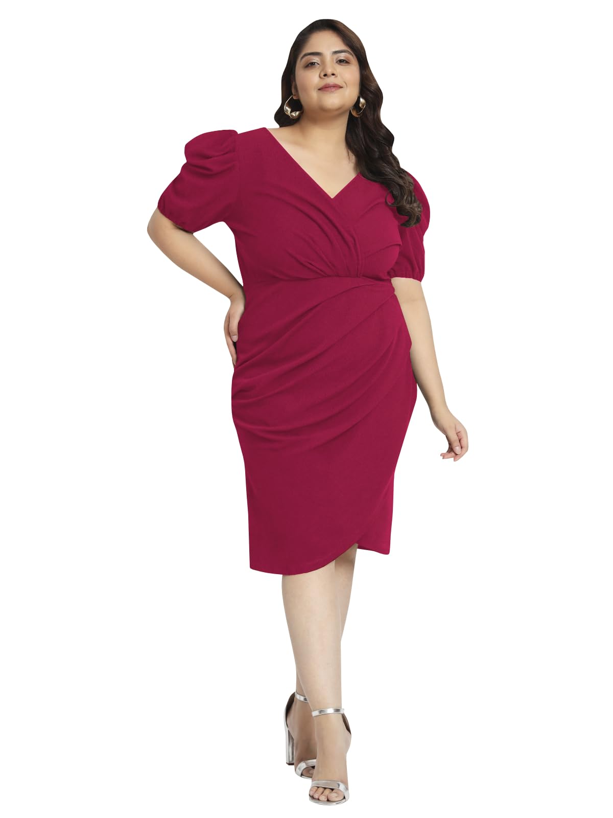 wild U Women Plus Size Bodycon Dress | Stretchable | Puff Sleeve | Knee Length | Western Stylish (Fuchsia Pink - 7XL)