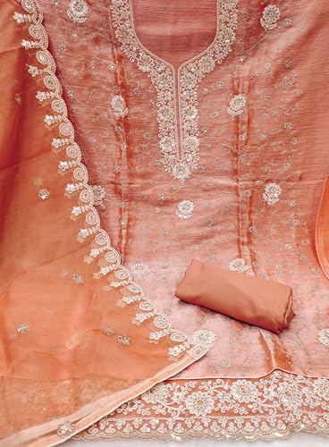 MANVAA Women'S Peach Unstitched Heavy Thread Sequence Embroidery And Fancy Border With Embroidered Dupatta Golden Cursh Dress Material (MSMFC11487D)