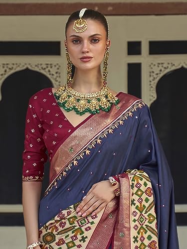 SAREE MALL Women's Ikat Printed Mirror Work Cotton Silk Saree With Unstiched Blouse Piece (Navy Blue_AARIP497D_RW)