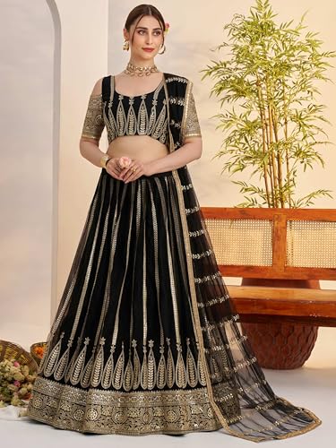 Zeel Clothing Women's Cotton Thread Sequins Work Embroidery Soft Net Lehenga Choli With Dupatta (NFH-2149-Black-Women-Lehenga-Choli; Free size) (Black)