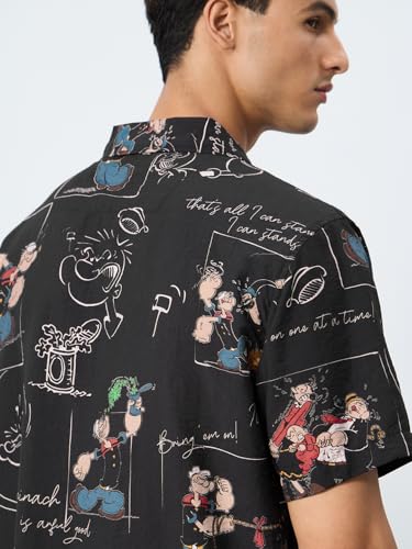The Souled Store Popeye: Scribble Men and Boys Short Sleeves Collared Neck All Over Printed Viscose Blend Regular Fit Lightweight Casual Holiday Shirts