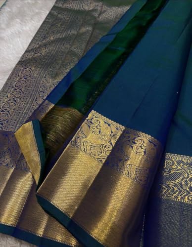 Veglari Women's Original Kanchivaram Pure Kunttli Print Hand Weving Pure Jari Jall Rajwadi Silk Sarees With Unsich Blouses Piecs For Weding