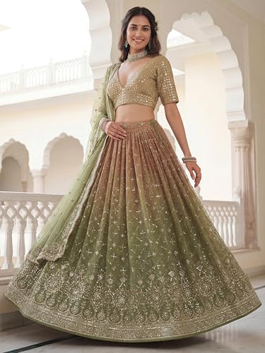 Zeel Clothing Women's Sequins Zari Embroidered Georgette Lehenga Choli With Dupatta (7086-Mahendi-Women-Lehenga-Choli, Free size) (Mahendi)
