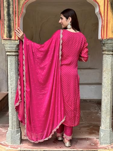 TRENDMALLS Women's Chiffon Embroidery Bandhani Print Salwar Suit Set Kurta Pant with Dupatta (G289-Orange-3XL-)