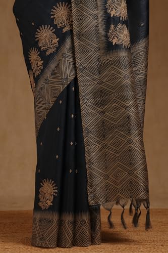 Soch Womens Blue Tussar Ethnic Motifs Hand Embroidered Saree