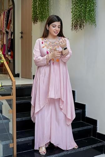 AVYUKTHA | Women Ethnic Motifs Embroidered Empire Kurta Set with Trors & Dupatta | Thread Work Fit Ethnic for Women | Pink | Size- XL