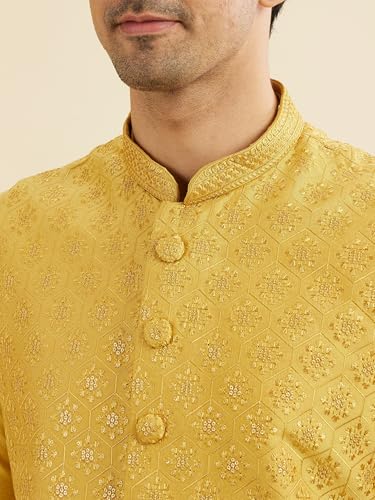 Manyavar Men's Viscose Blend Buta Patterned Kurta Jacket Set (Mustard,L)