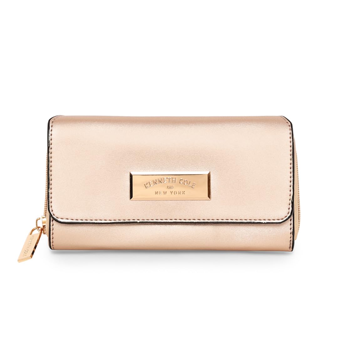 KENNETH COLE Ladies Front Flap Wallet | Women's Tri-fold Clutch Organizer with a Wide 3-Quarter Opening Zip-Around Compartment | Premium PU Leather | Sturdy, Stylish & Secure, GOLD