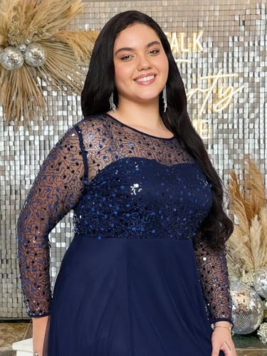 wild U Women Plus Size Gown Dress | Embellished | Sequinned | Non Itch Finish | Sleeves | Cocktail (Navy Blue, Size: 3XL)