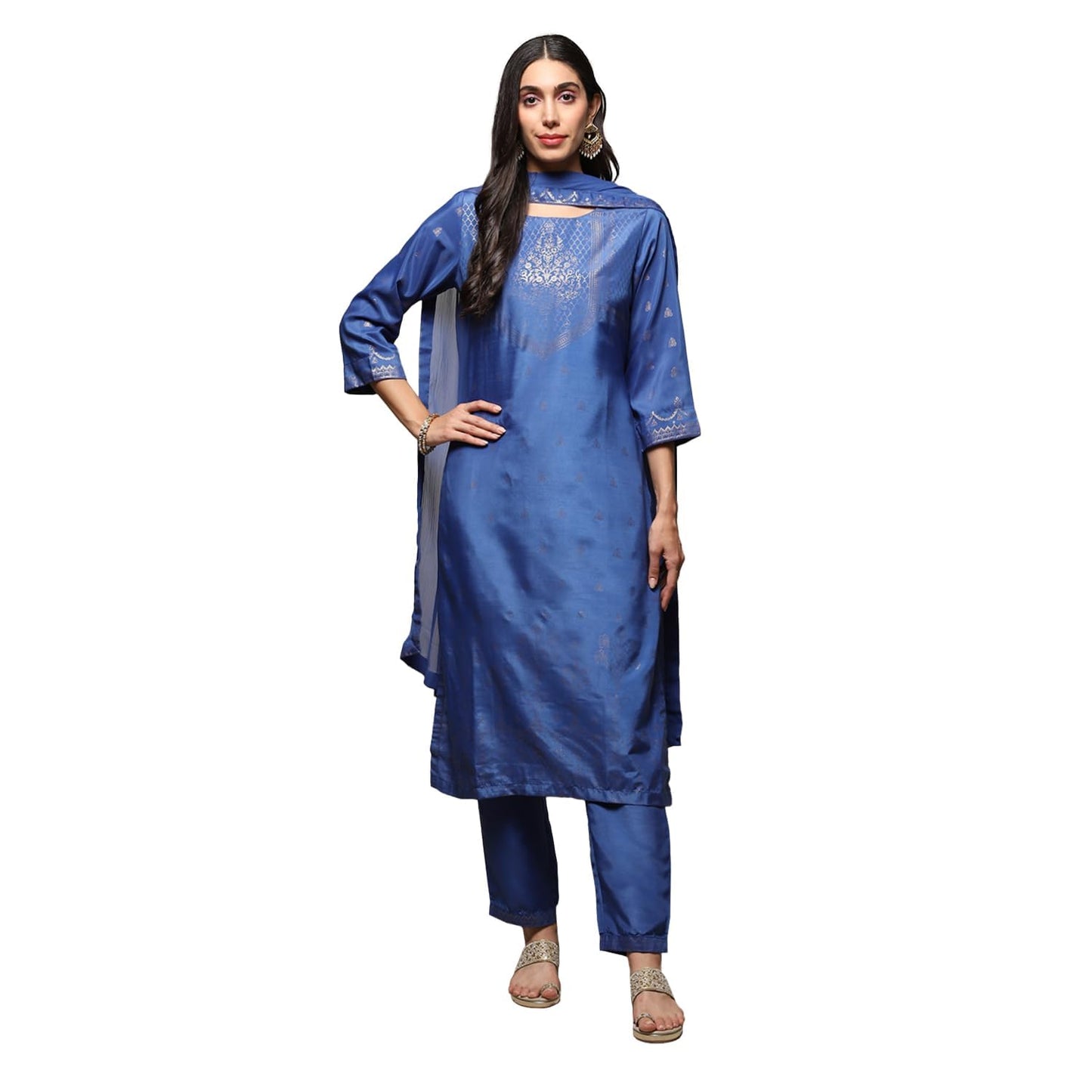 BIBA Women's Polyester Printed Narrow Salwar Kurta Dupatta (Skdassorted7666E_Blue_32)