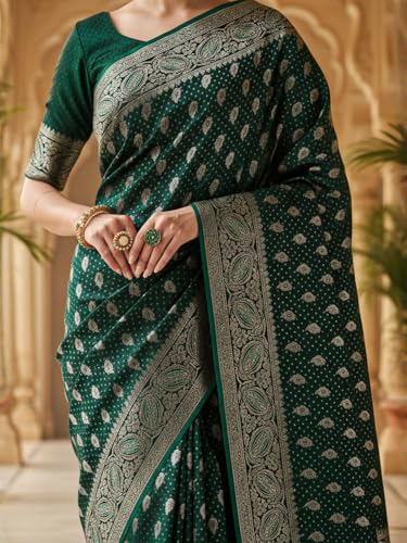 AKHILAM Women's Green Satin Silk Ethnic Motif Printed Saree With Unstitched Blouse Piece (KALASH1101_AI)