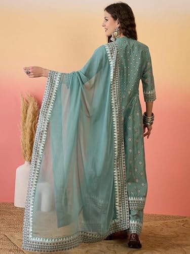 AVYUKTHA Silk Kurta Palazzo & Dupatta Set For Womens | Regular Fit | 3/4 Sleeve | V Neck | Printed Embroidery | Lightweight & Comfortable | Ethenic Dress | Ideal For Weddings & Parties | M | Teal