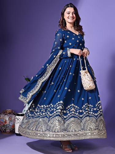 Fashion Basket Faux Georgette Sequins Anarkali Dress for Women (in, Alpha, M, Regular, Turquoise)