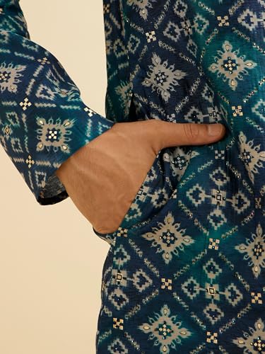 Manyavar Men's Viscose Blend Ethnic Motifs Printed Kurta Set (Blue,XXL)