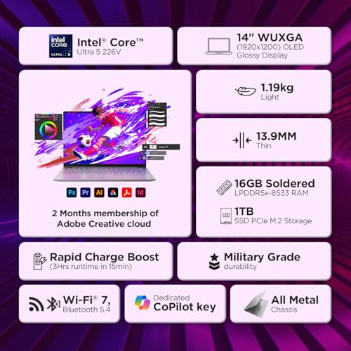 Lenovo Yoga Slim 7 Aura Edition Intel Evo Core Ultra 5 226V (16GB RAM/1TB SSD/14 (35.5cm)/WUXGA OLED/Copilot+ PC/Windows 11/Office Home 2024/1Yr ADP Free/Grey/1.19Kg), 83JX005FIN AI Laptop
