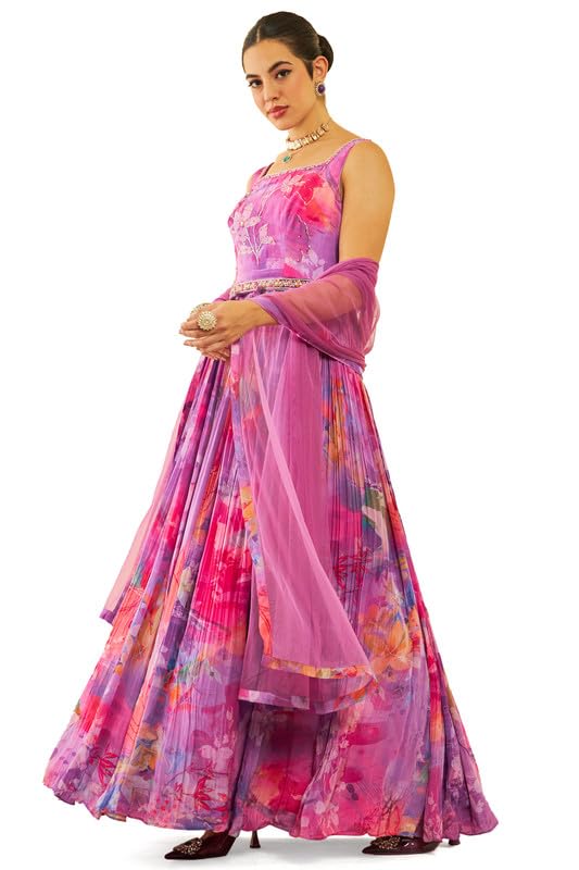Soch Womens Purple Crepe Floral Printed Ethnic Gown with Dupatta