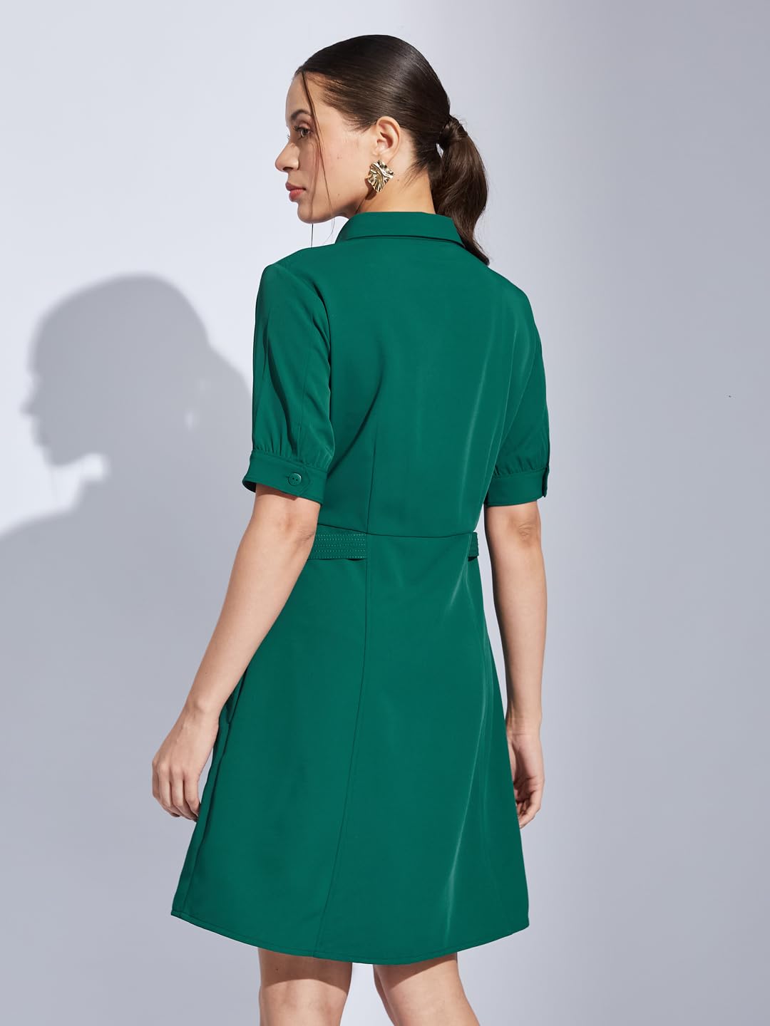 Latin Quarters Women Green Collared Half Sleeves Solid A-Line Shirt Dress for Casual Wear