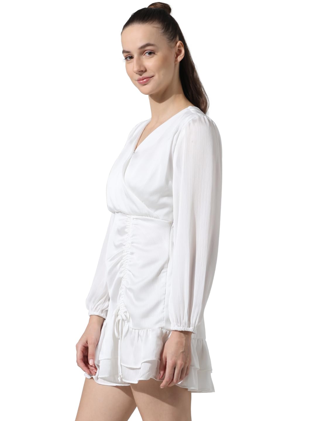 ONLY Women Solid Polyester Above Knee White Tiered Dress
