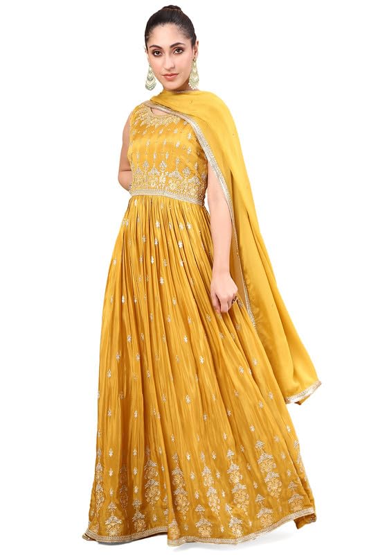 Soch Womens Mustard Zari Embroidery Chinon Ethnic Gown With Cutdana & Beads
