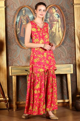 W for Woman Pink Floral Printed Sleeveless Short Kurta, Sharara and Dupatta Set (Size: XL)-24AUWS11567-124154