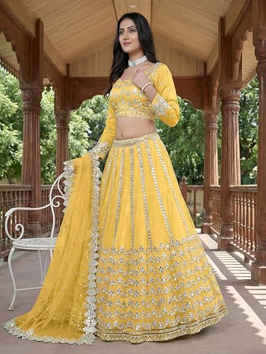 Zeel Clothing Women's Foil Embroidered Net Lehenga Choli With Dupatta (5029-Yellow-Women-Lehenga-Choli-Set, Free size)