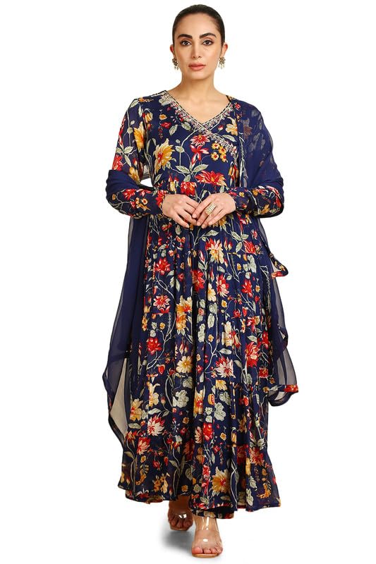 Soch Womens Blue Botanical Print Chinon Angrakha Suit Set with Dupatta