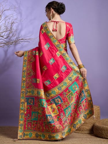 AKHILAM Women's Pink Viscose Silk Ethnic Motif Printed Saree With Unstitched Blouse Piece (MSTANI130E_HS)