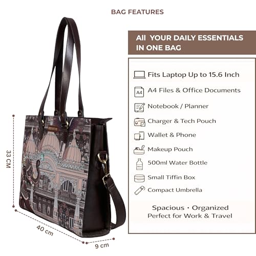 Fatfatiya Indian Heritage Elephant Art Office Tote Bag for Women | Laptop Handbag Fits 15.6 Inch | Palace Illustration Work Bag | Detachable Sling Strap