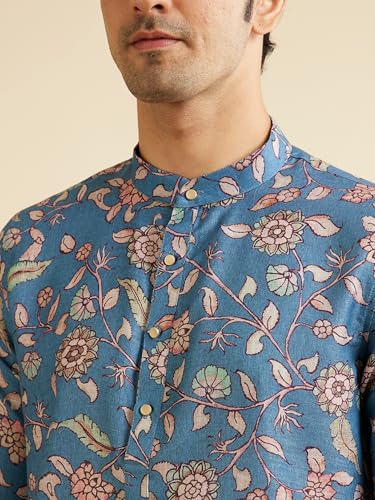 Manyavar Men's Viscose Blend Floral Print Kurta (Mid Blue,M)