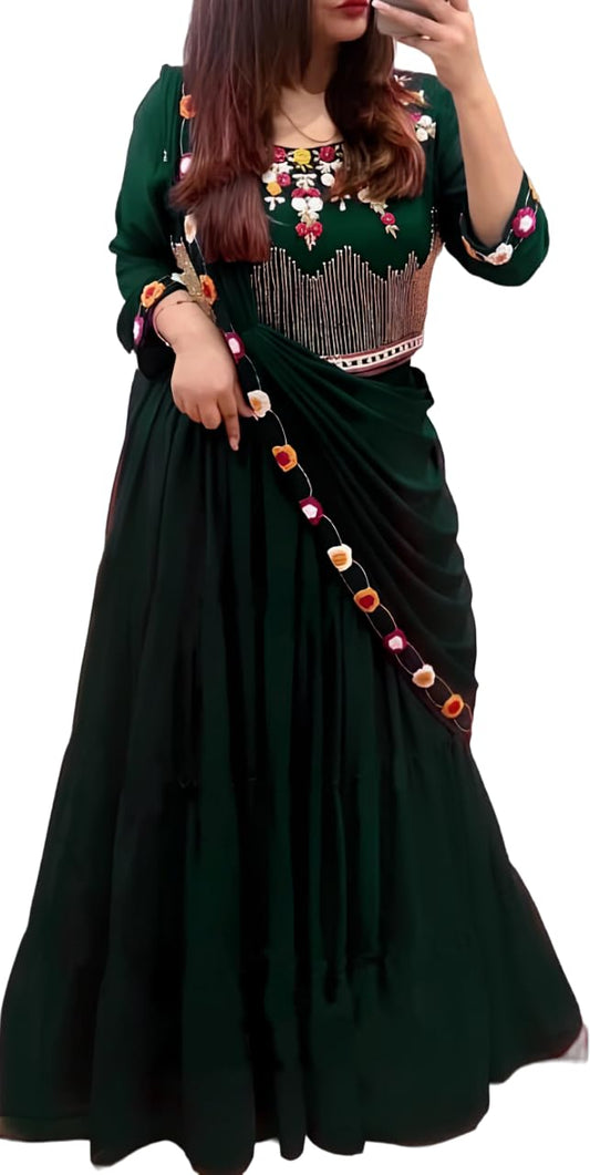 SHYAMLATA Women's Embroidered Georgette Green Crop Top Semi-stitched Lehenga Choli For Women (Party-Wedding-Bridal-Festive; Free Size) (Green)