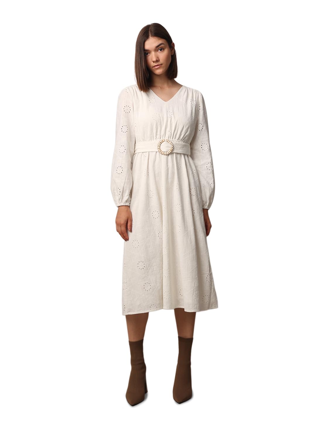 ONLY Women Self Design Casual White Fit and Flare Dress