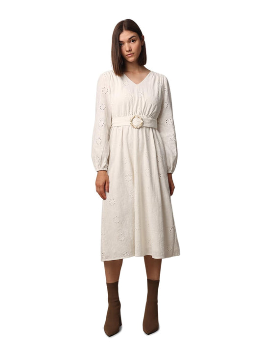 ONLY Women Self Design Casual White Fit and Flare Dress