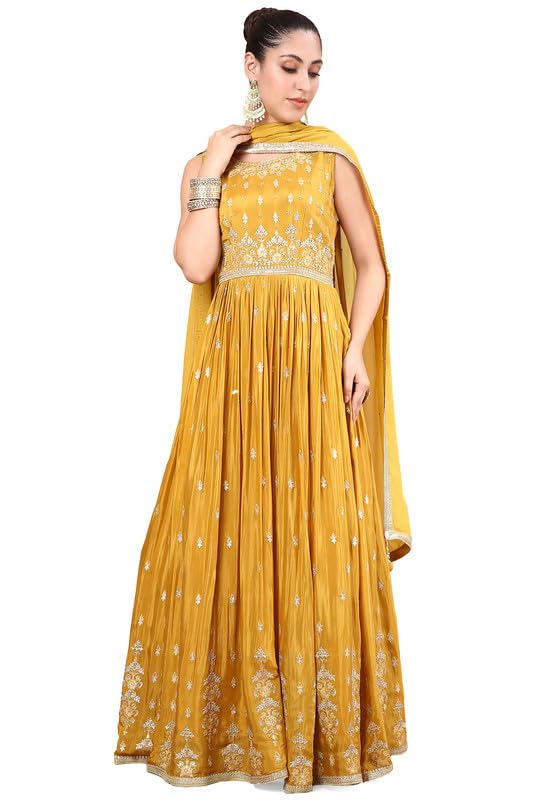 Soch Womens Mustard Zari Embroidery Chinon Ethnic Gown With Cutdana & Beads