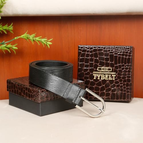 TYBELT Black Spanish Genuine Leather Belt for Men | Adjustable Waistband up to 36 Inches | Belt for Jeans & Dress Pants | Belt with Heavy Buckle_123_36