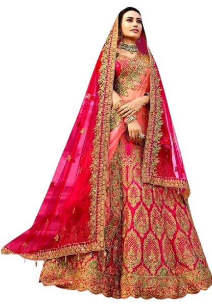 Designer Wedding Lehenga Choli Set, Navy Blue with Pink Dupatta, Zari Embroidered Art Silk, Free Size